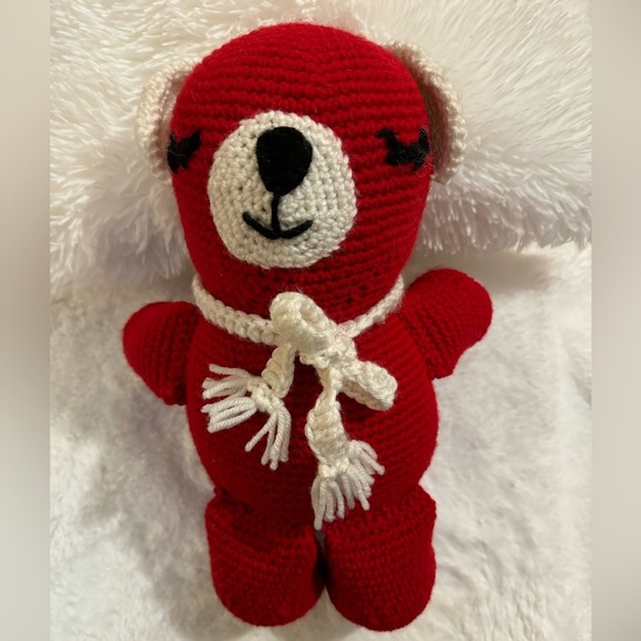 Handmade Crocheted Knit Vintage Red Teddy Bear White Scarf Nursery Decor Baby - Picture 6 of 8